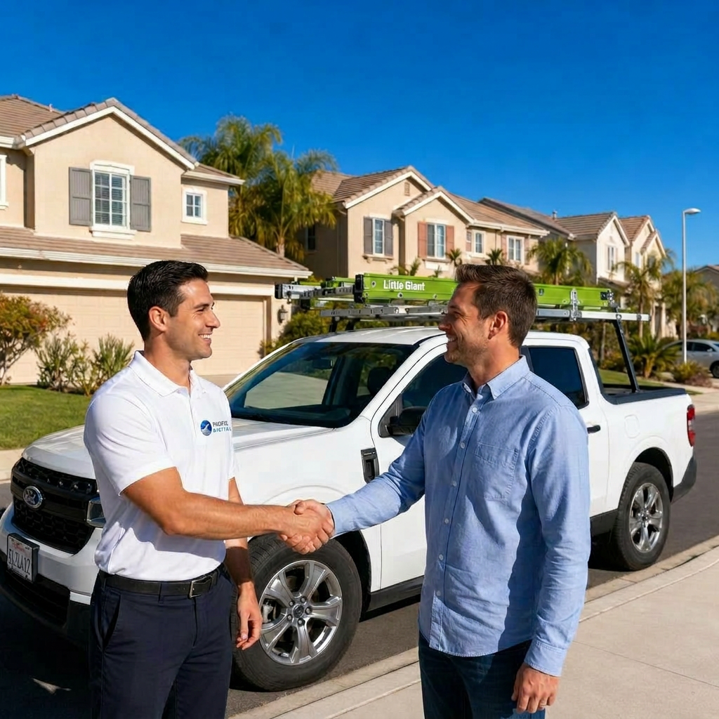 Pacific Digital technician greeting homeowner with a handshake at the front door