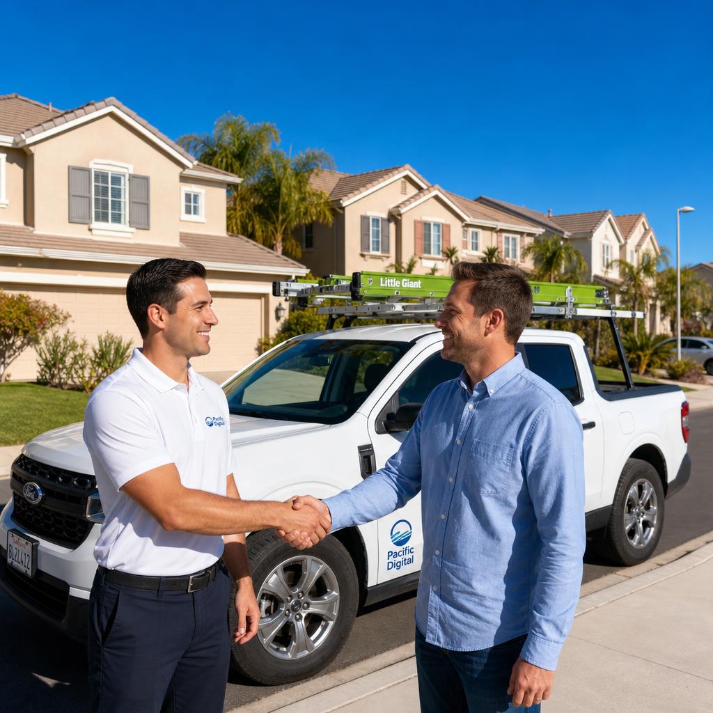 Pacific Digital technician greeting homeowner with a handshake at the front door