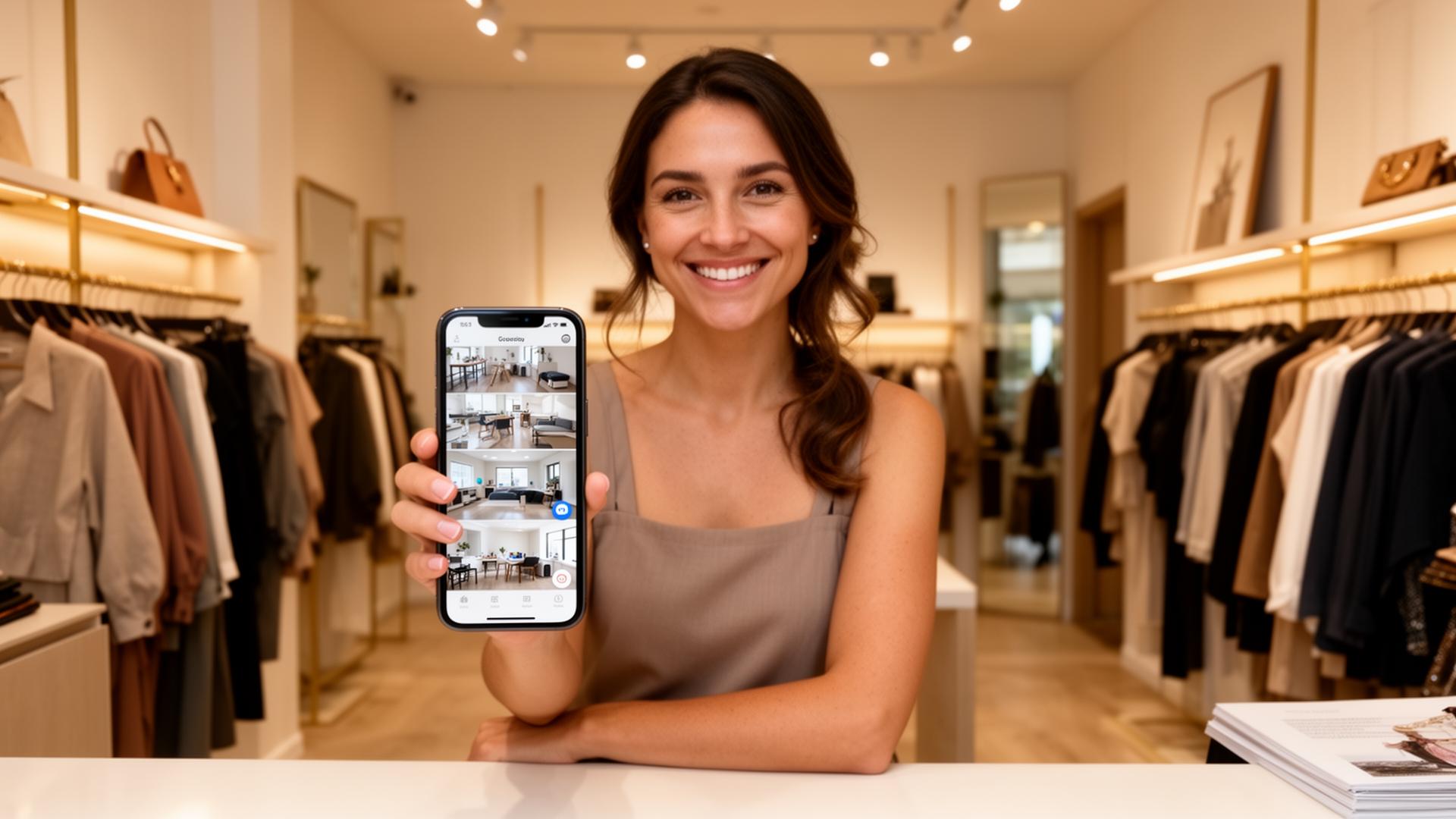 Happy small boutique retail shop owner watching four security camera live feeds on her phone