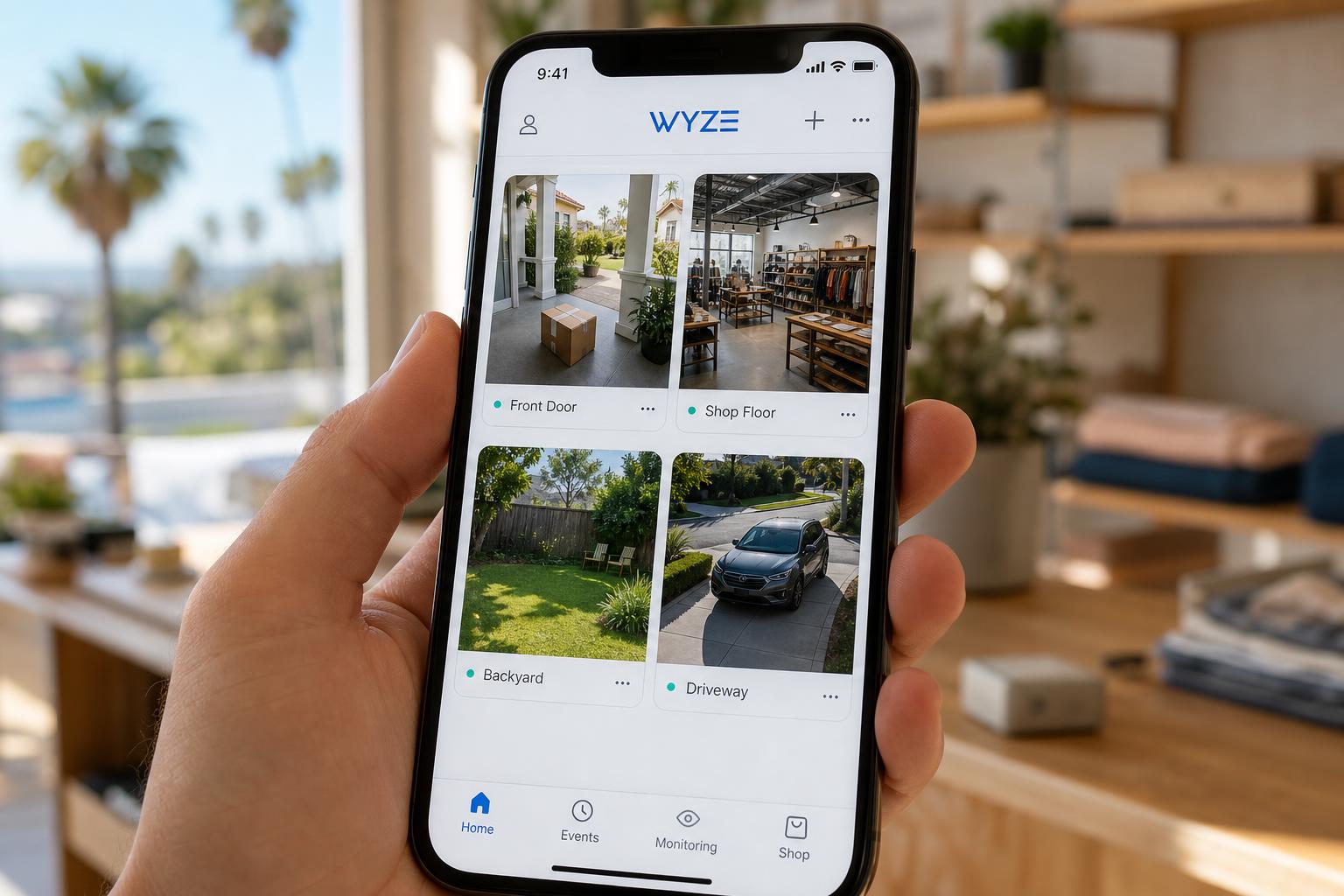 Live camera view on a phone showing the Wyze app feed of the storefront