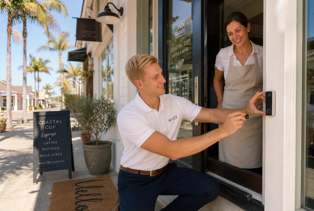 Technician installing a video doorbell at a small café storefront