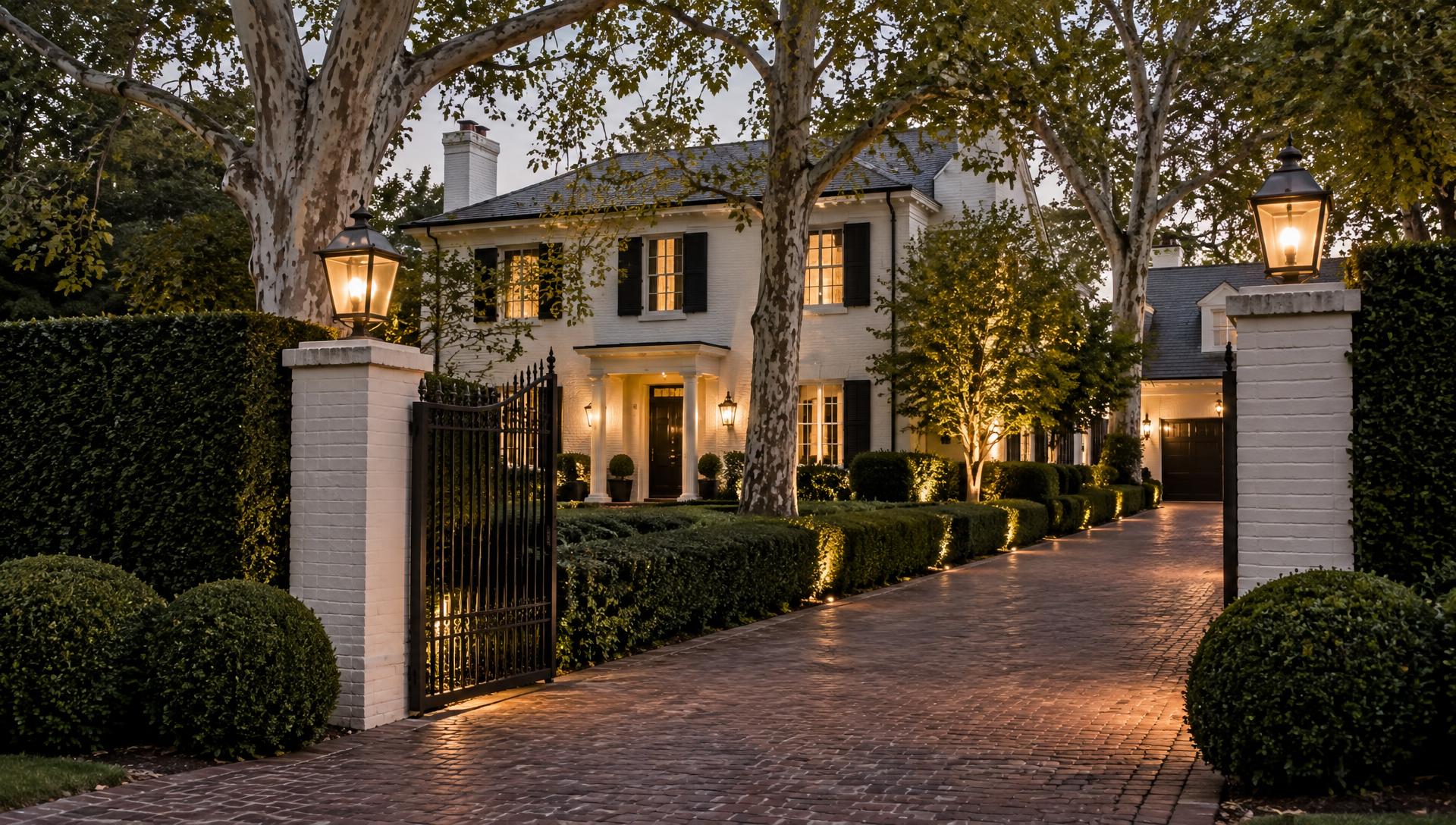 A stately traditional estate in Brentwood behind tall hedges at evening