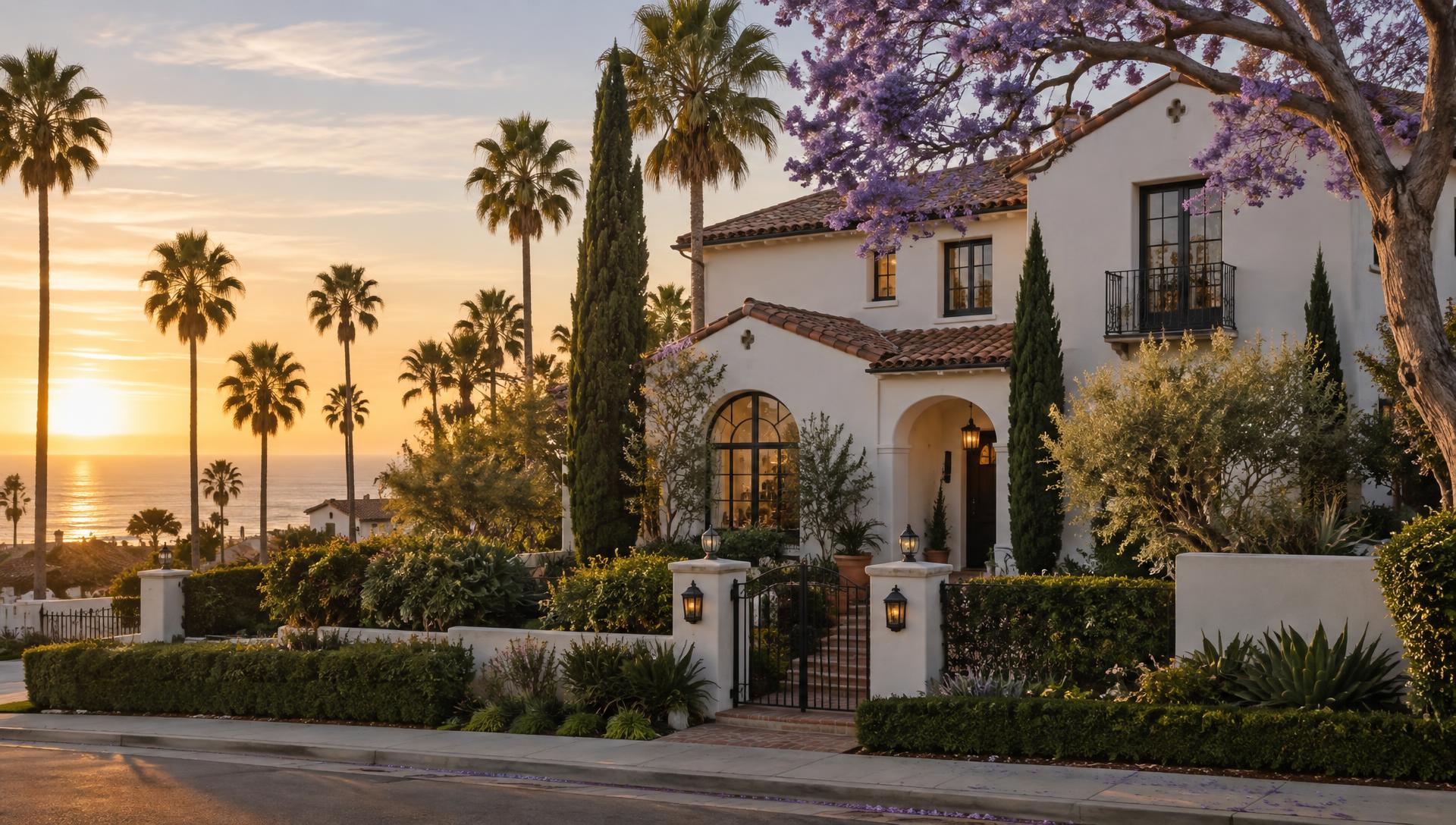 A Spanish Colonial Revival home in Santa Monica at golden hour