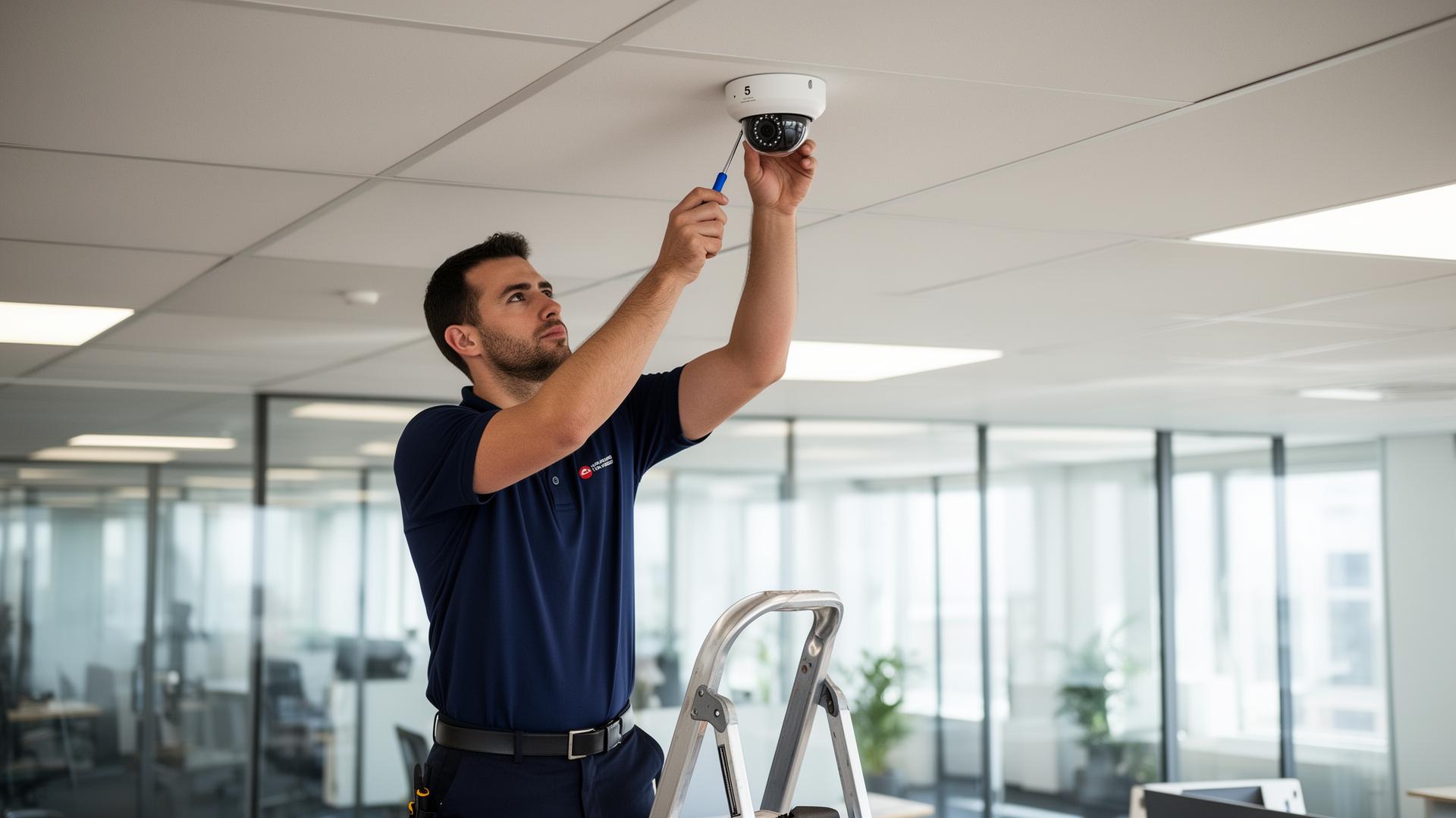 Commercial security technician servicing a ceiling-mounted surveillance camera