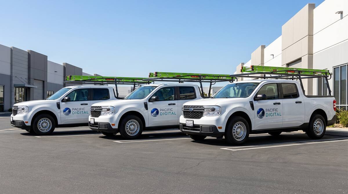 Pacific Digital Security fleet trucks — commercial security camera installation Santa Clarita San Fernando Valley
